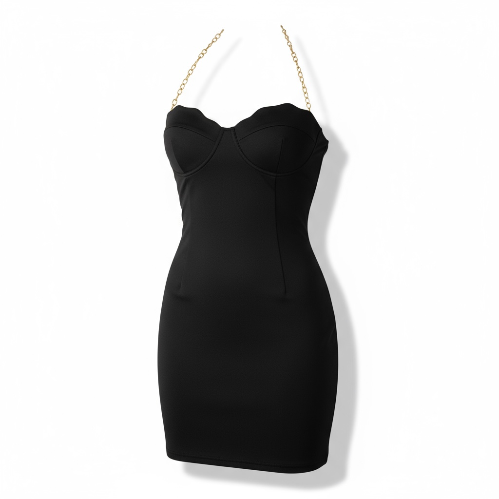 Midnight charm black mini dress with gold chain straps