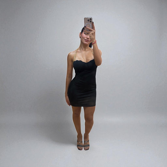 Midnight charm black mini dress with gold chain straps