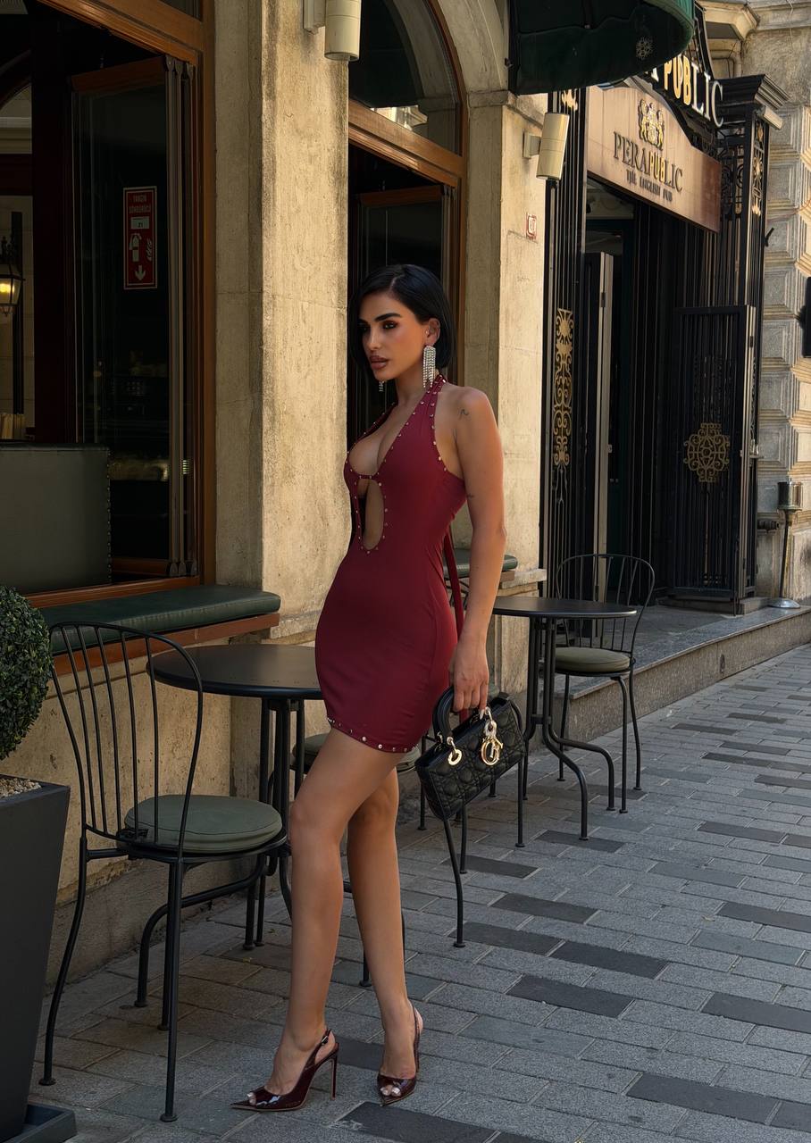 Burgundy Studded Halter Cut-Out Mini Dress