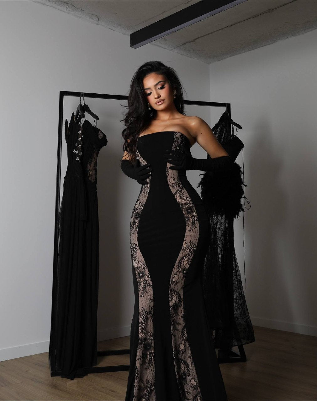 Elara Lace-Panelled Strapless Gown (including gloves)