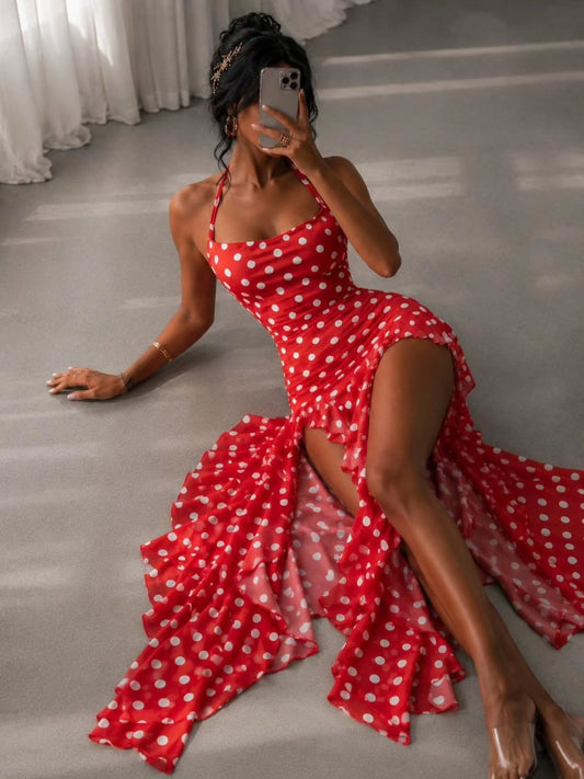 Cherries Red Polka Dot Ruffled Slit Maxi Dress