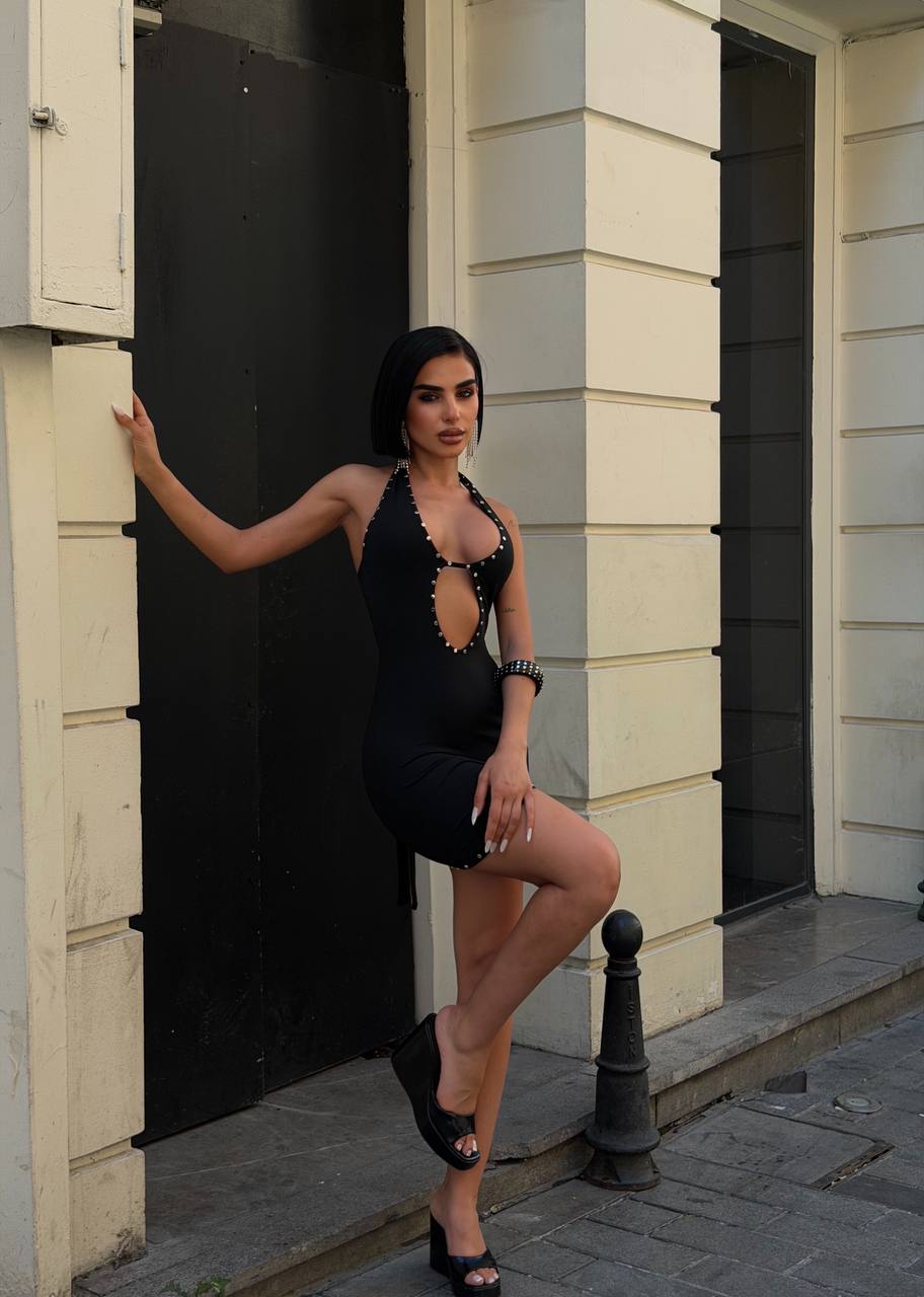 Black Studded Halter Cut-Out Mini Dress