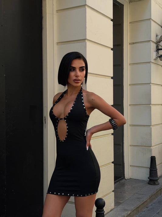 Black Studded Halter Cut-Out Mini Dress