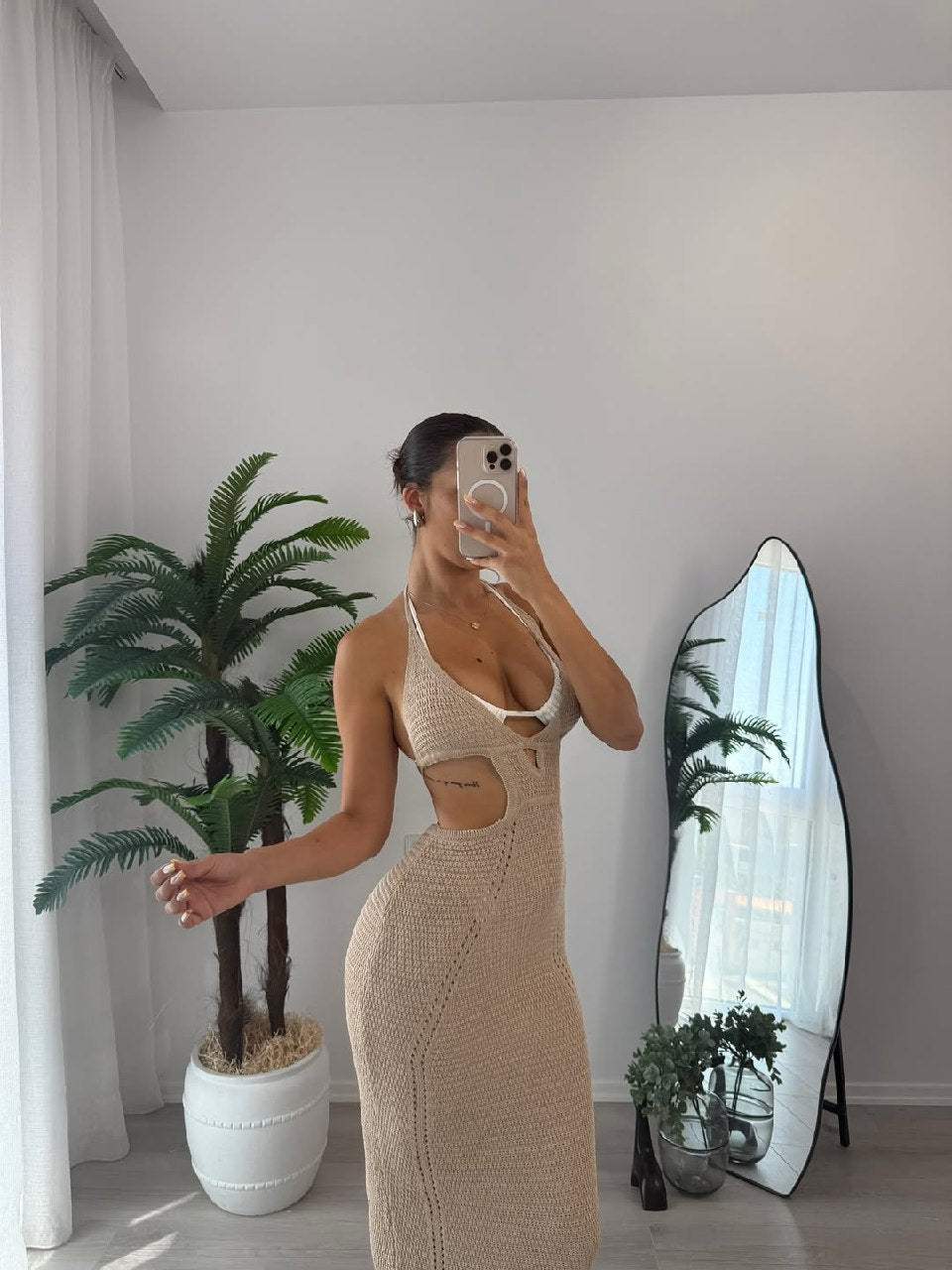 Solara Beige Knitted Cut-Out Maxi Summer Dress