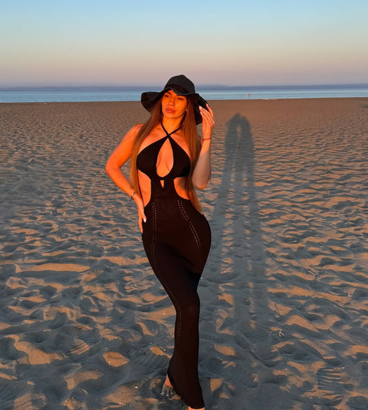 Solara Black knitted fabric beach party dress