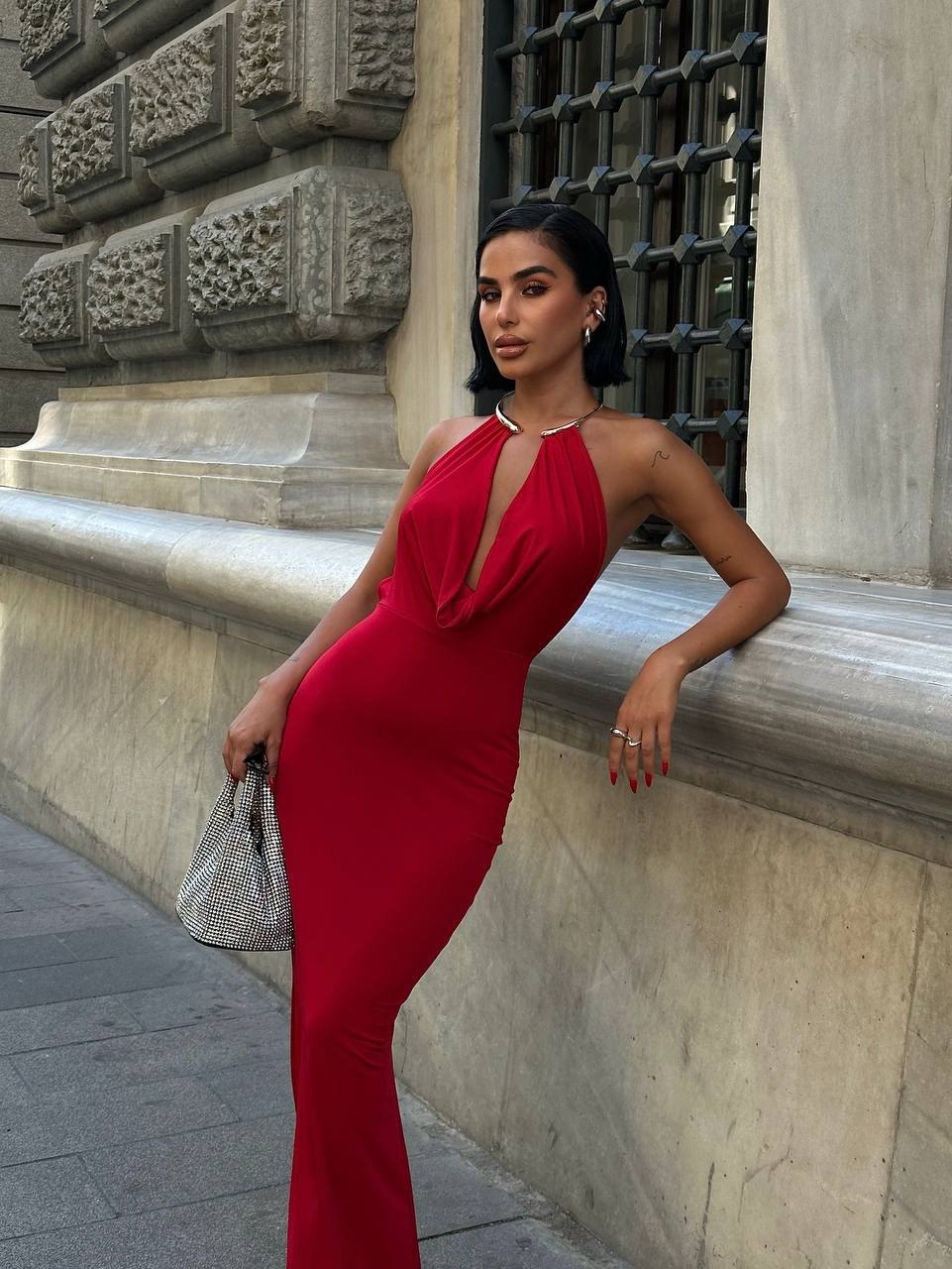 The 'Siren' Halter Cowl Maxi Dress - Espresso Elegance