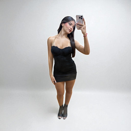 Midnight charm black mini dress with gold chain straps