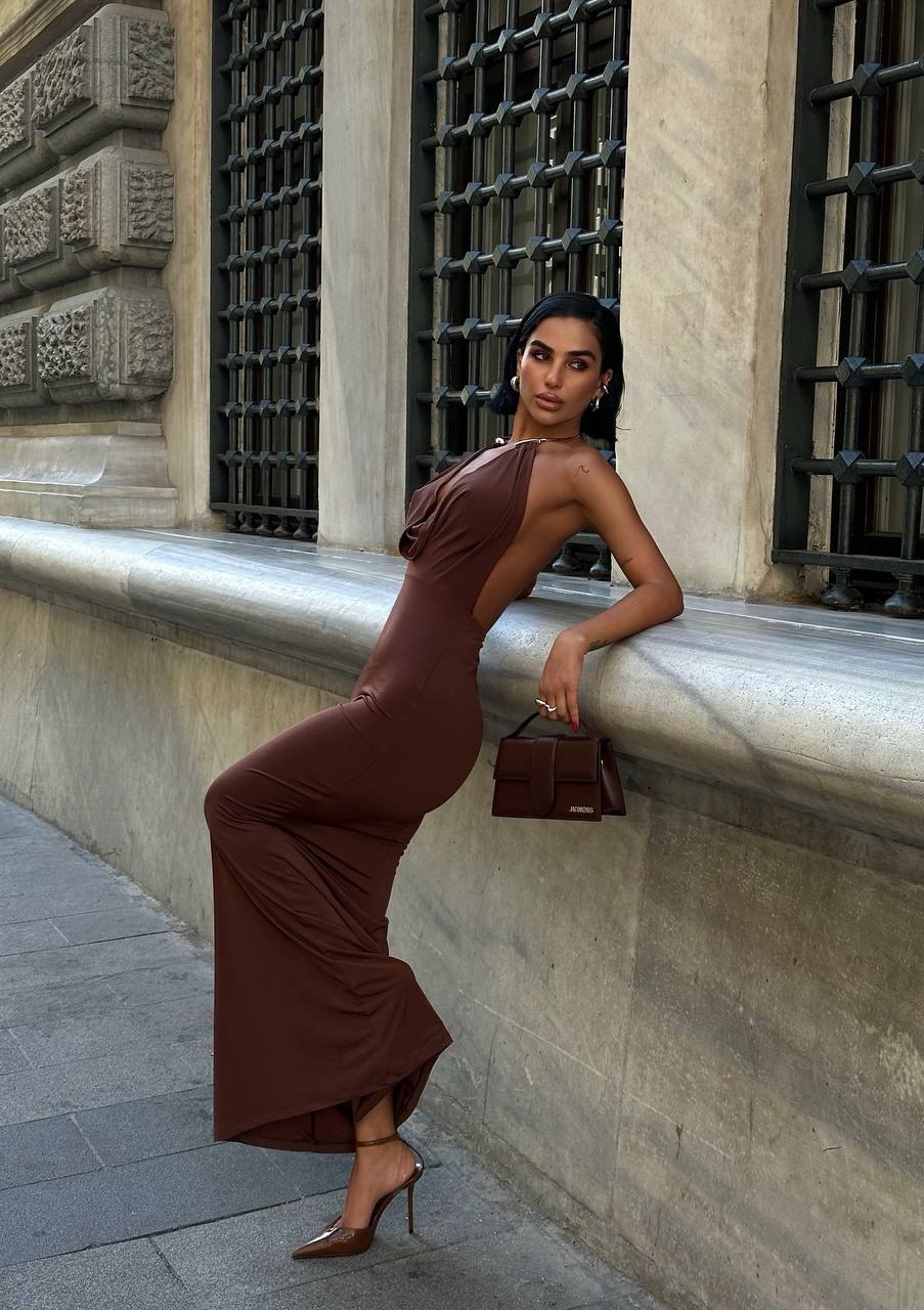 The 'Siren' Halter Cowl Maxi Dress - Espresso Elegance