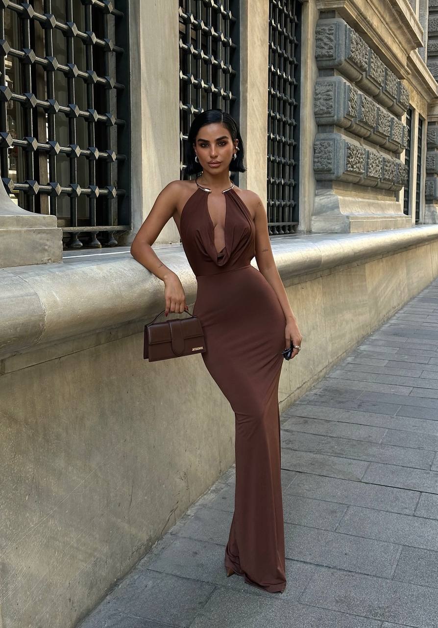 The 'Siren' Halter Cowl Maxi Dress - Espresso Elegance