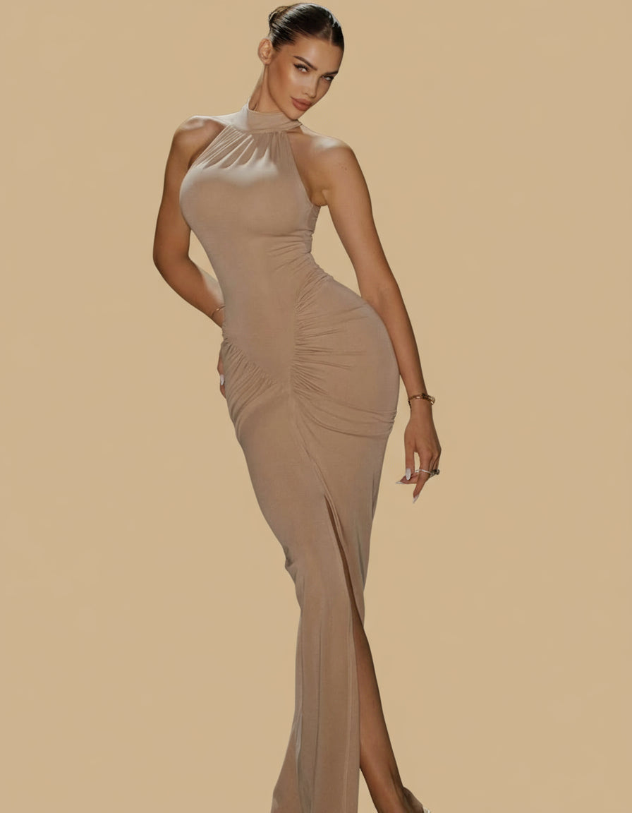 The 'Desert Muse' Ruched Halter Maxi Dress