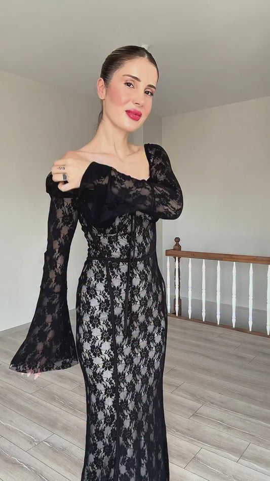 Noir Romance Bell-Sleeve Lace dress