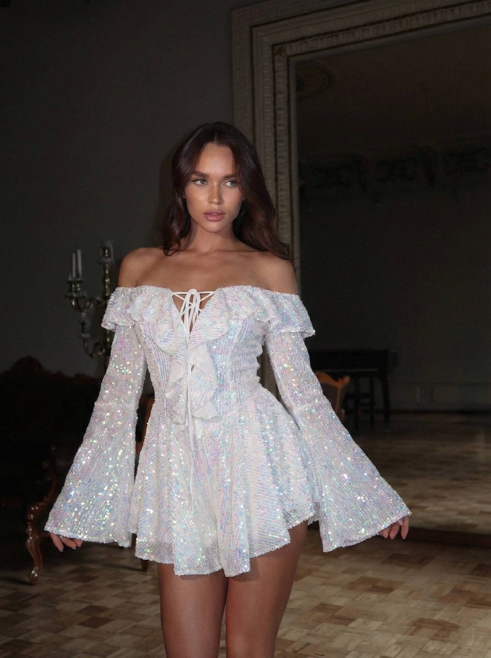 Iridescent Off-Shoulder Sparkle Mini Dress