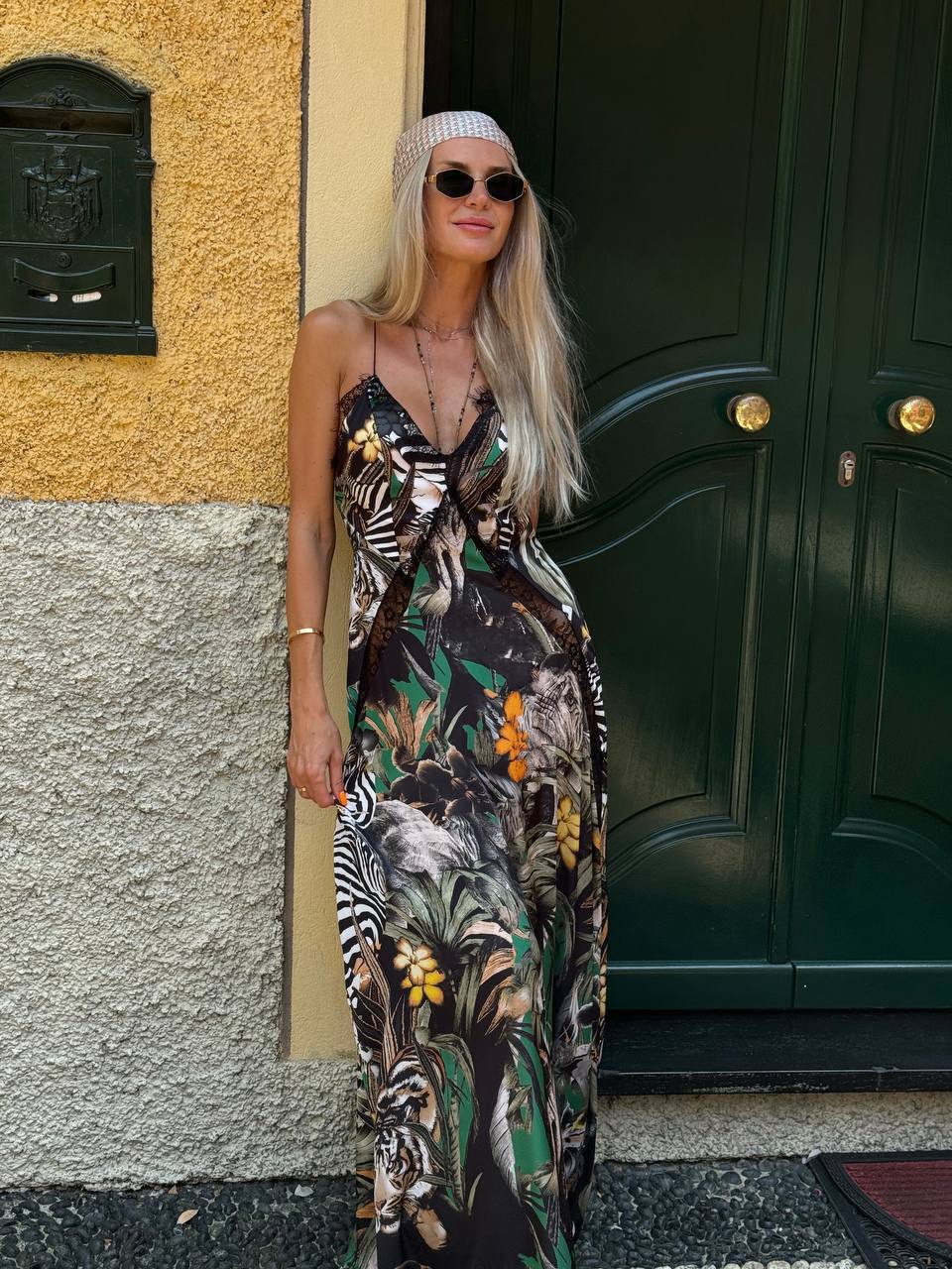 Jungle Safari Print Lace-Trim Maxi Dress