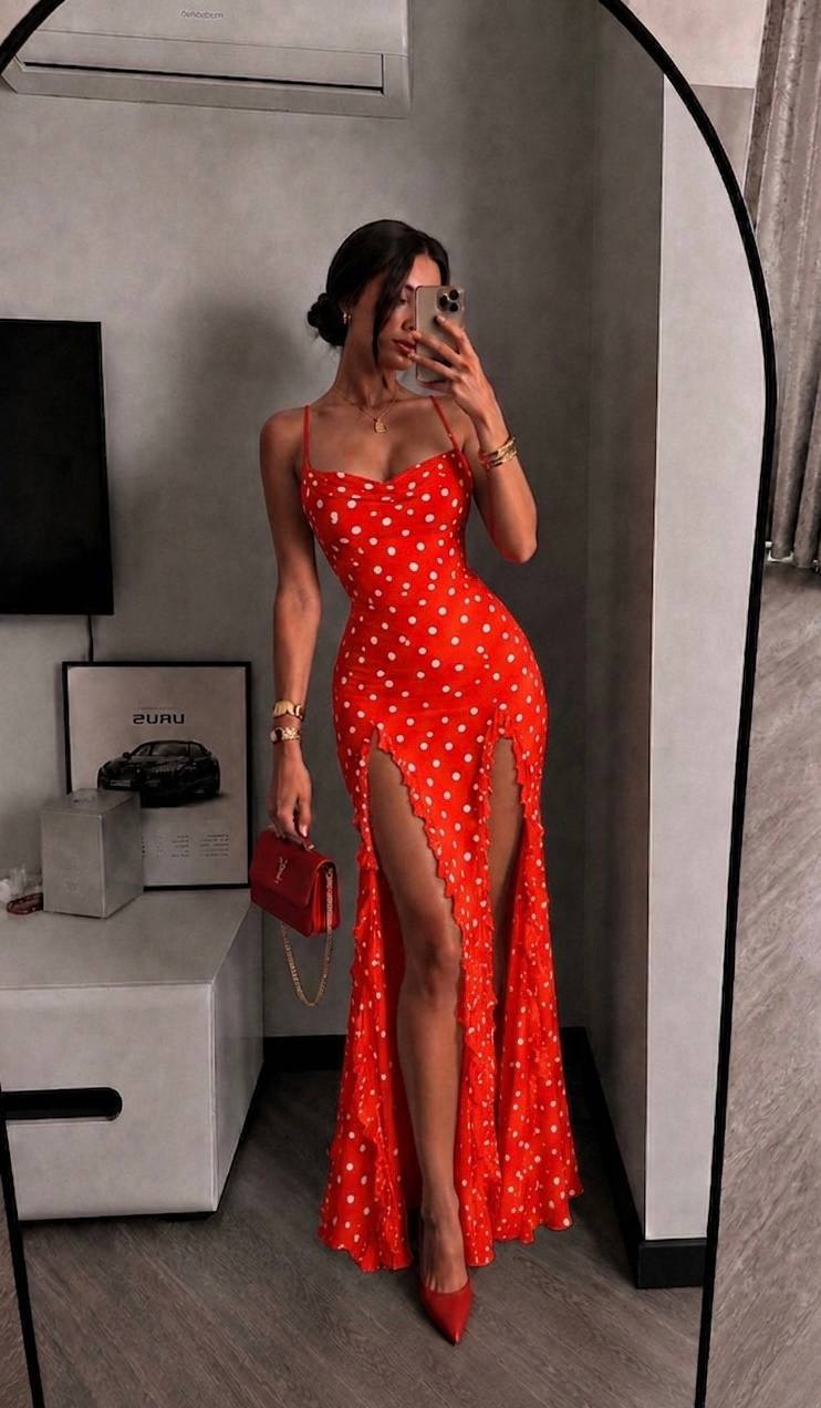 Cherries Red Polka Dot Ruffled Slit Maxi Dress