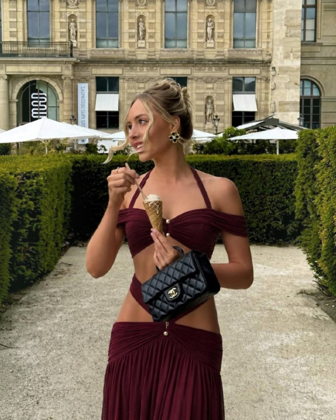 Selena Burgundy Off-The-Shoulder Halter Two-Piece Maxi Set