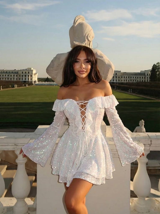 Iridescent Off-Shoulder Sparkle Mini Dress