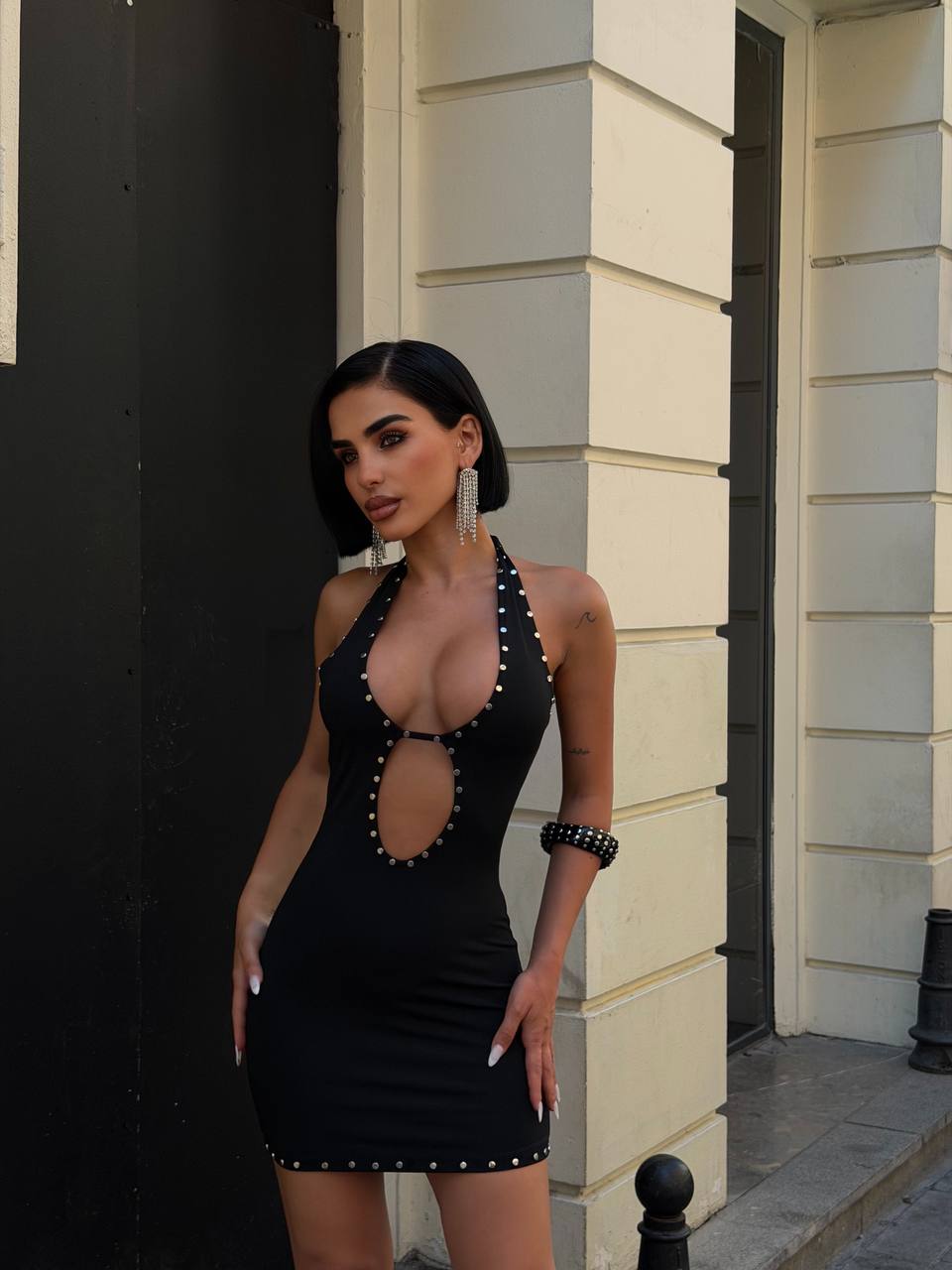 Black Studded Halter Cut-Out Mini Dress