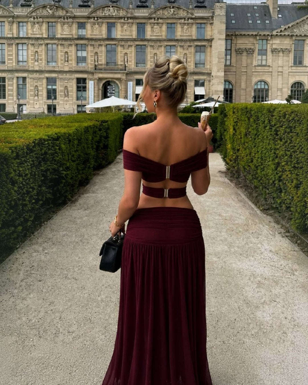 Selena Burgundy Off-The-Shoulder Halter Two-Piece Maxi Set