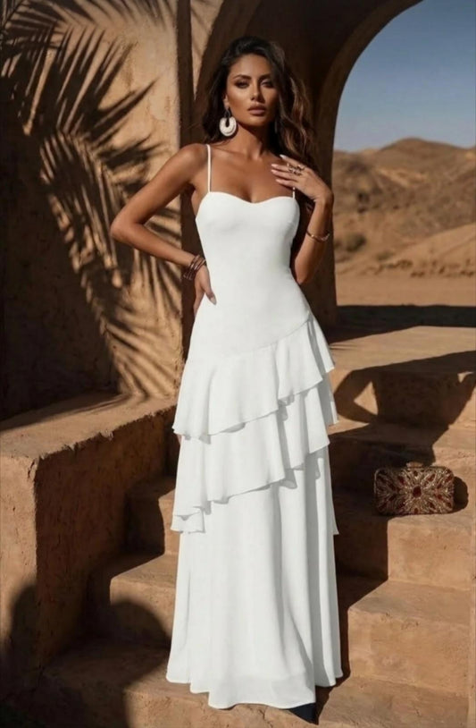 Angelo Ethereal White Ruffled Tiered Maxi Dress