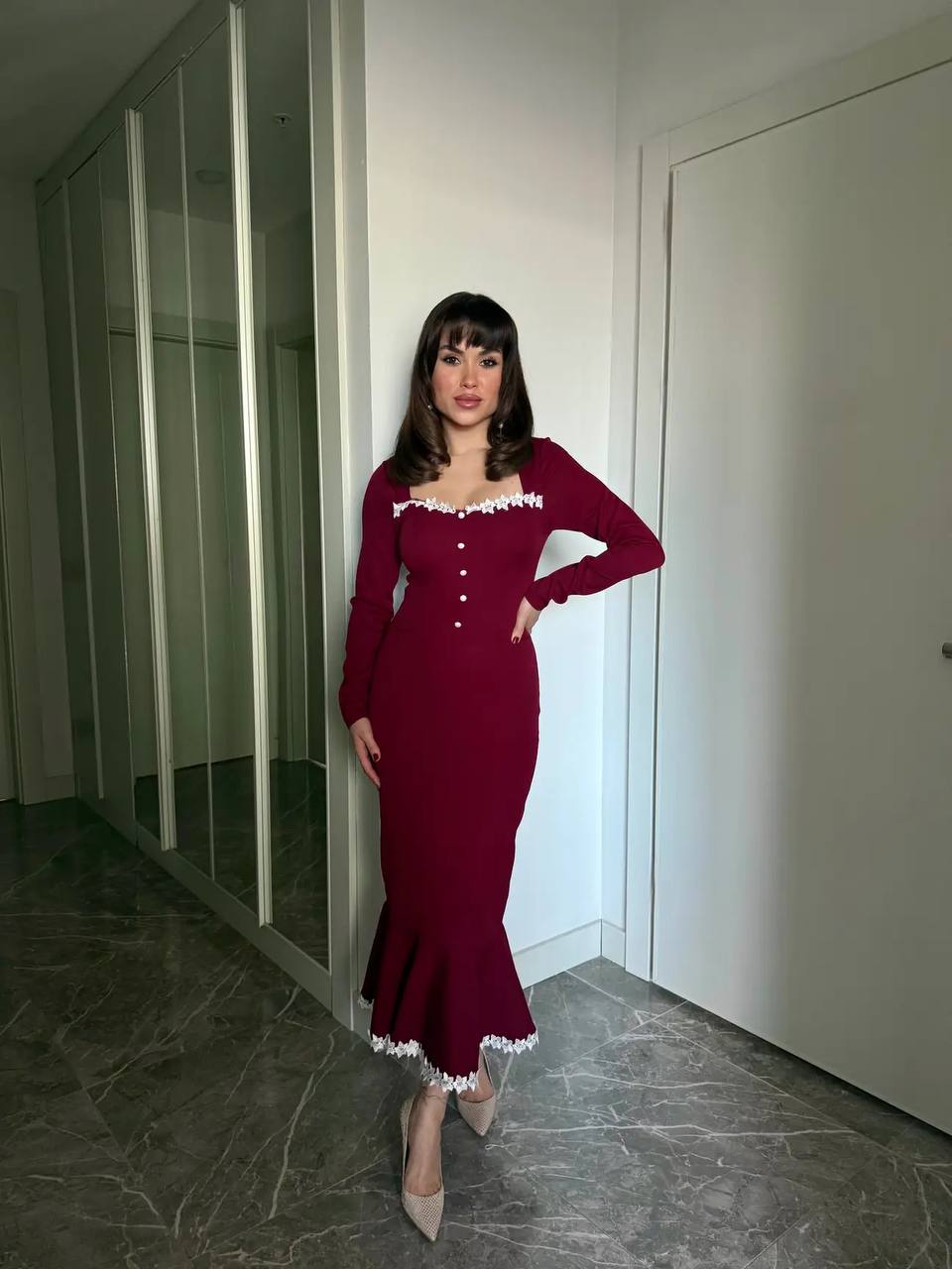 Lace-Trim Button Front Midi Dress
