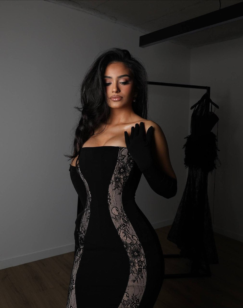Elara Lace-Panelled Strapless Gown (including gloves)