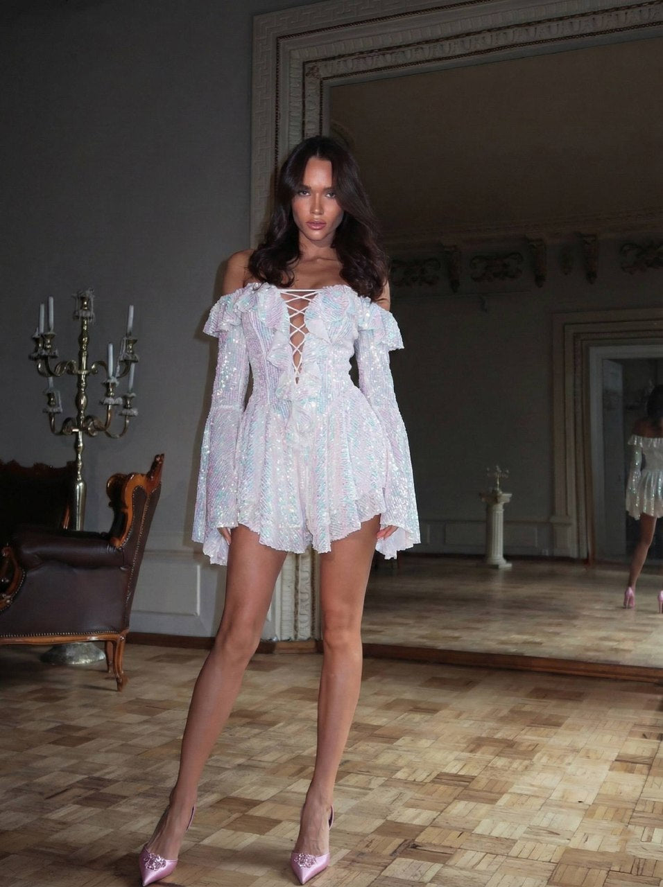 Iridescent Off-Shoulder Sparkle Mini Dress