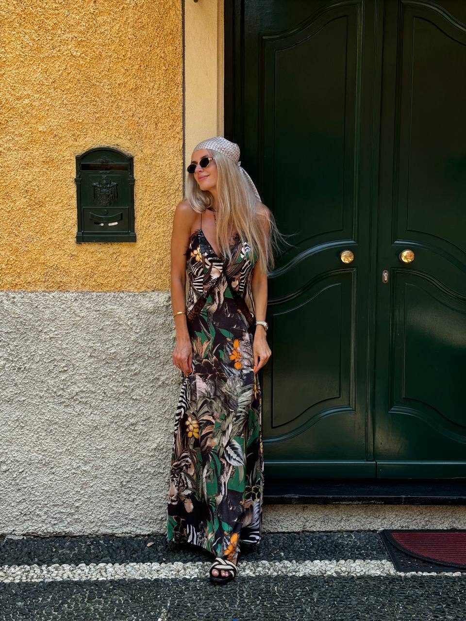 Jungle Safari Print Lace-Trim Maxi Dress