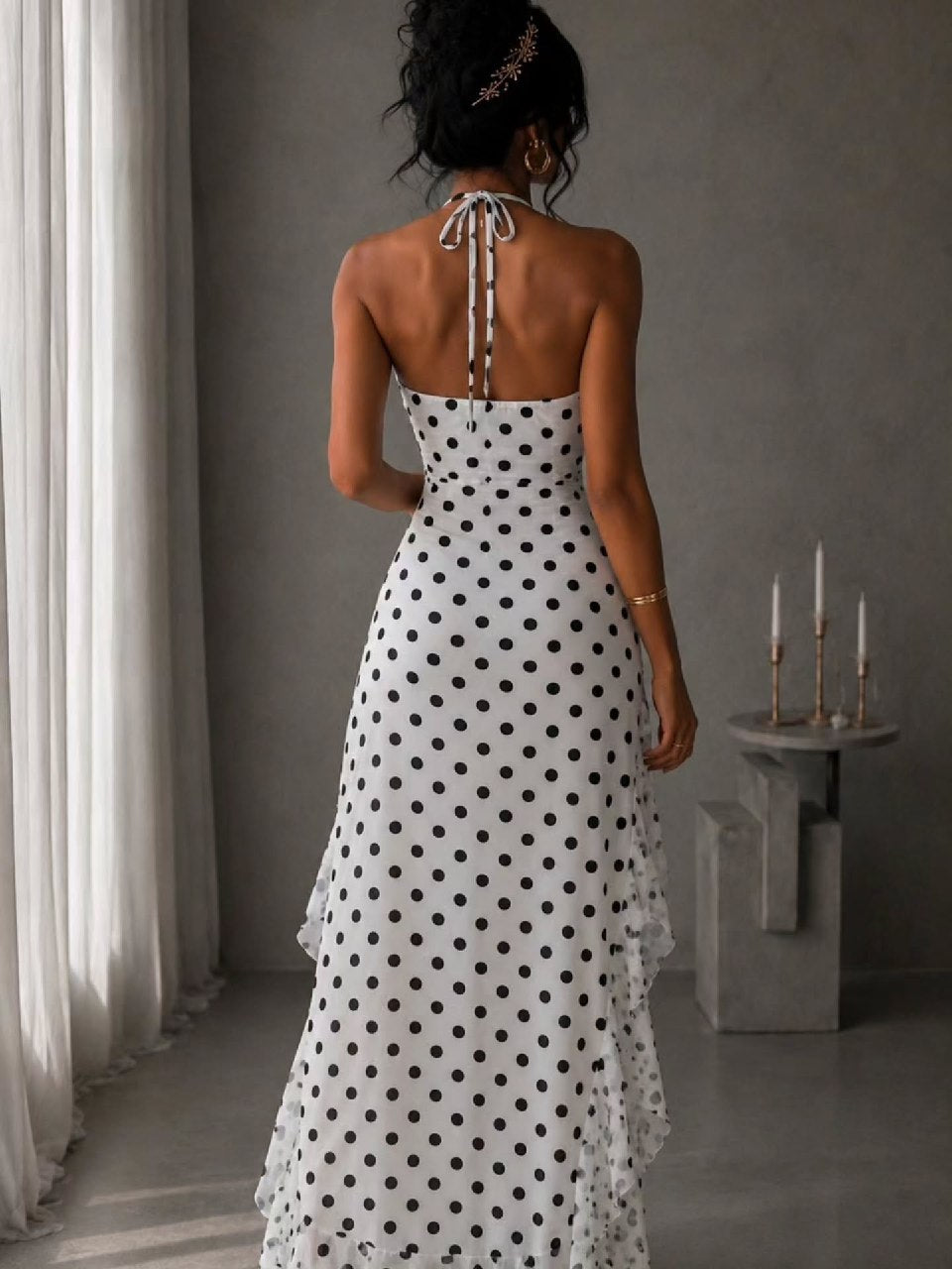Coconut White Polka Dot Ruffled Slit Maxi Dress