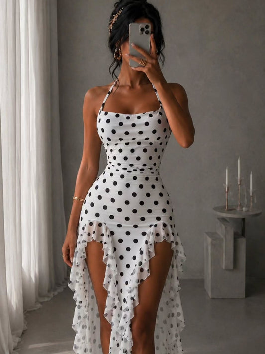 Coconut White Polka Dot Ruffled Slit Maxi Dress