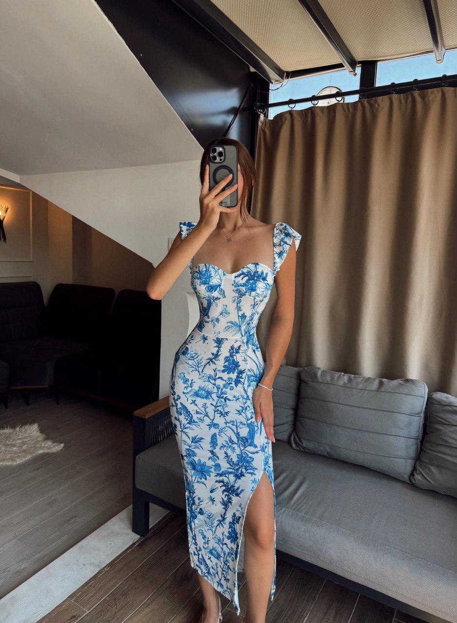 Azure Ruffle-Strap Midi Dress