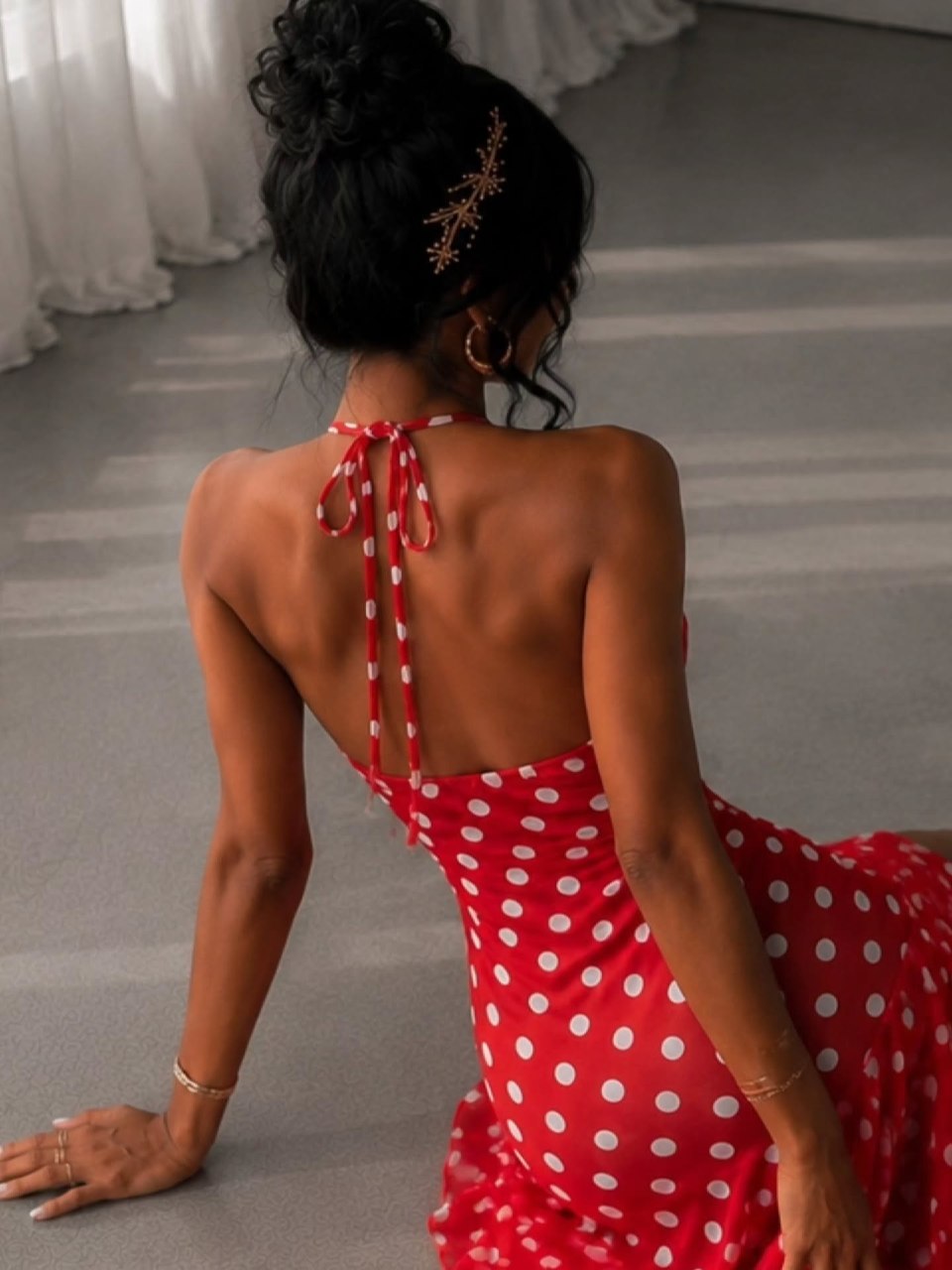 Cherries Red Polka Dot Ruffled Slit Maxi Dress