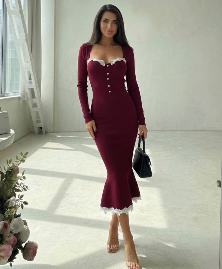 Lace-Trim Button Front Midi Dress