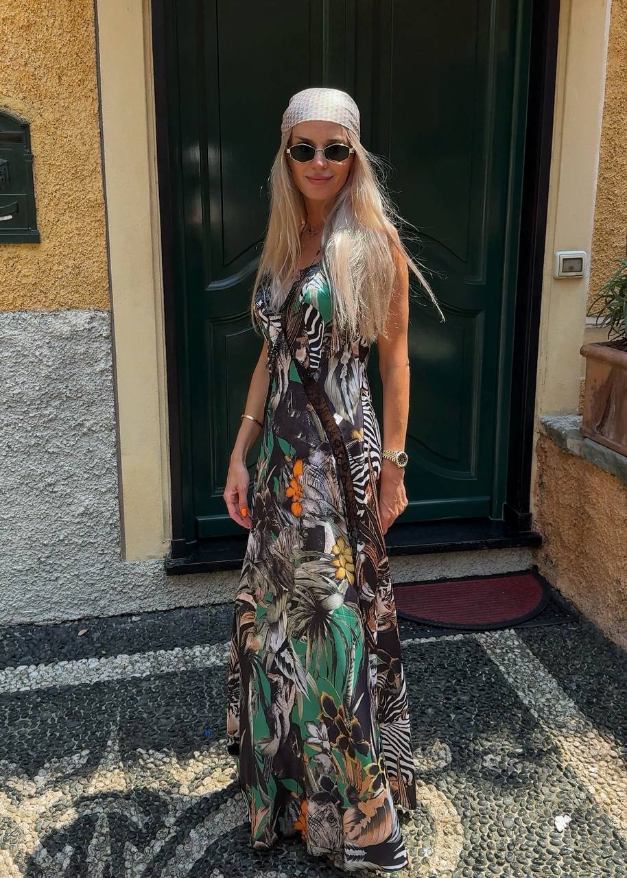 Jungle Safari Print Lace-Trim Maxi Dress