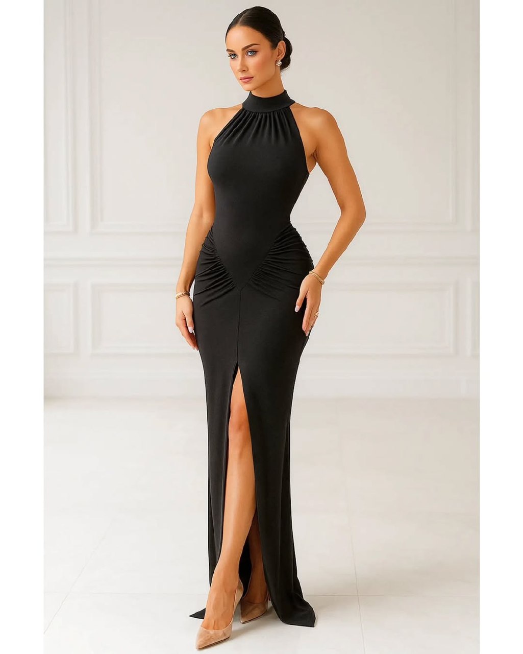 The 'Desert Muse' Ruched Halter Maxi Dress