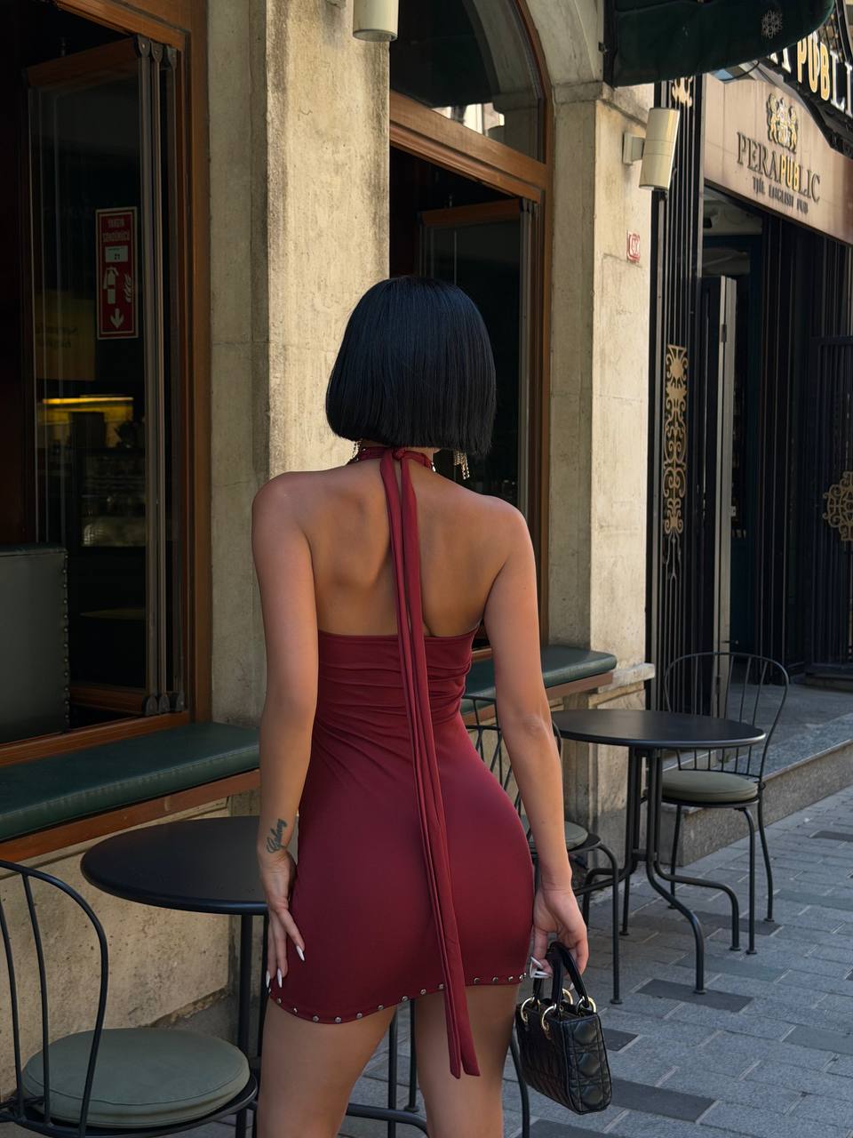 Burgundy Studded Halter Cut-Out Mini Dress