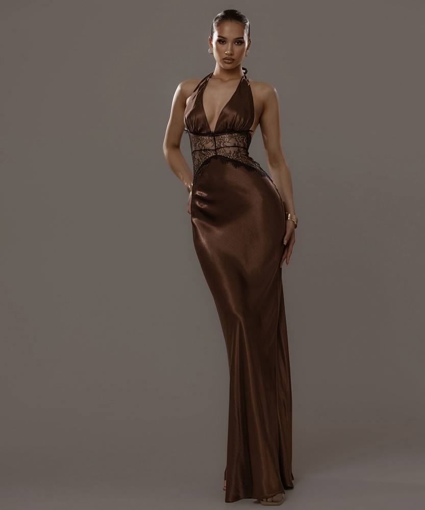 Sienna Lace-Inlay Satin Halter Gown