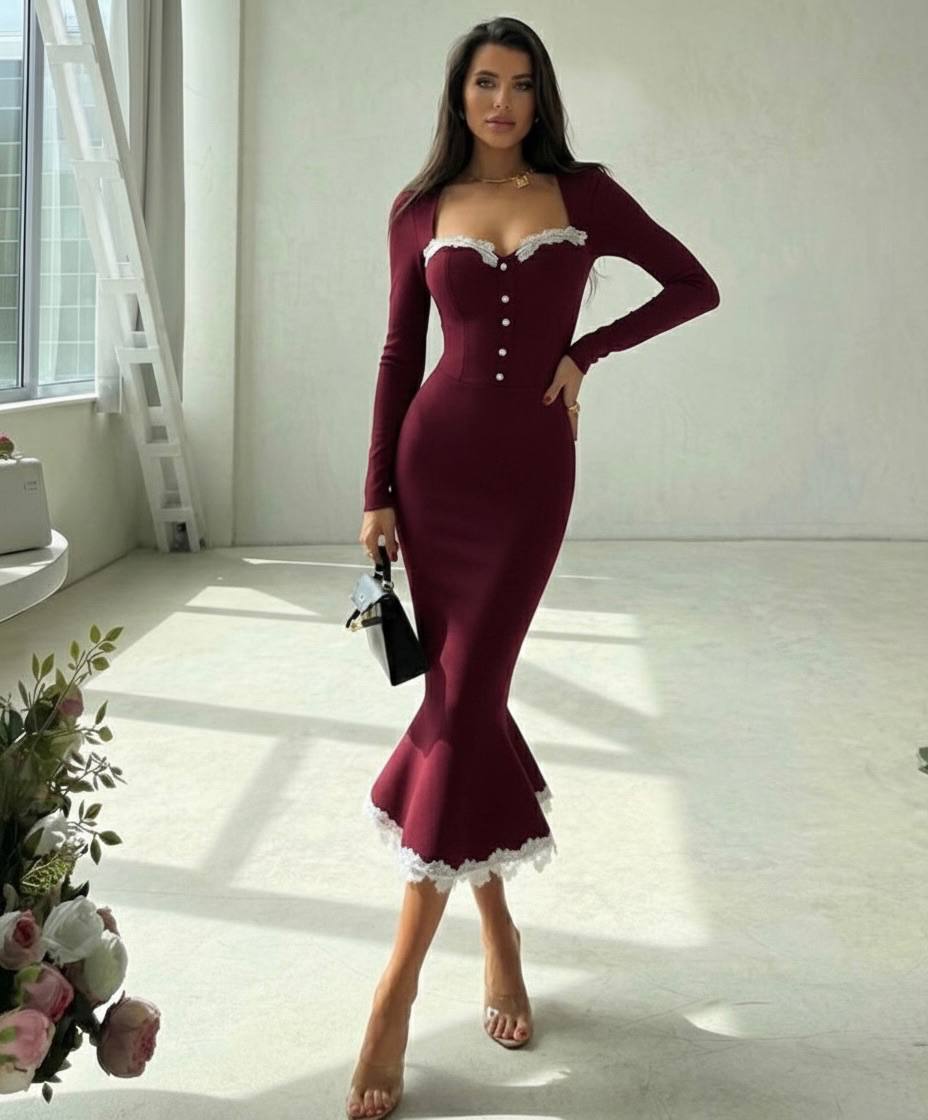 Lace-Trim Button Front Midi Dress