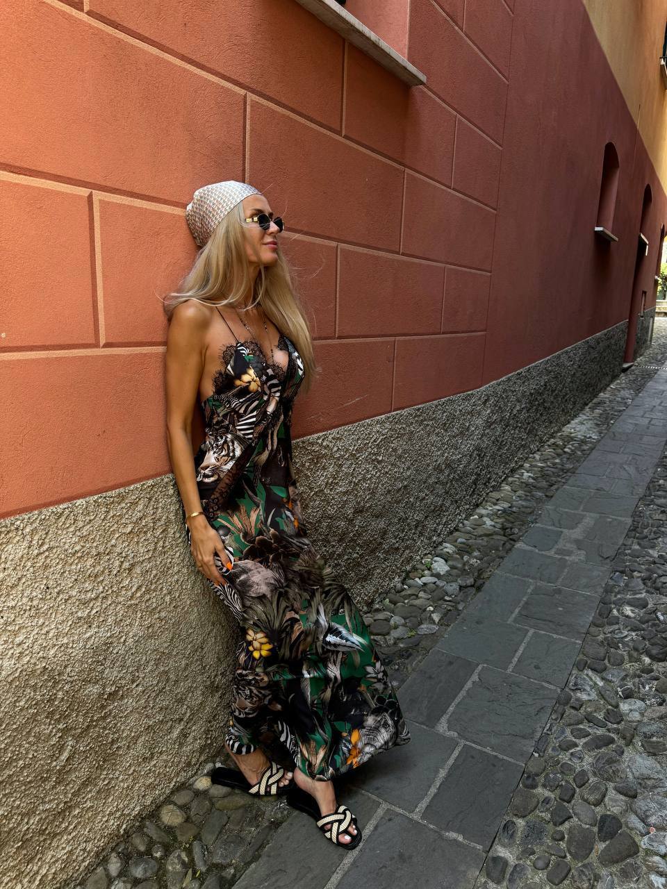 Jungle Safari Print Lace-Trim Maxi Dress