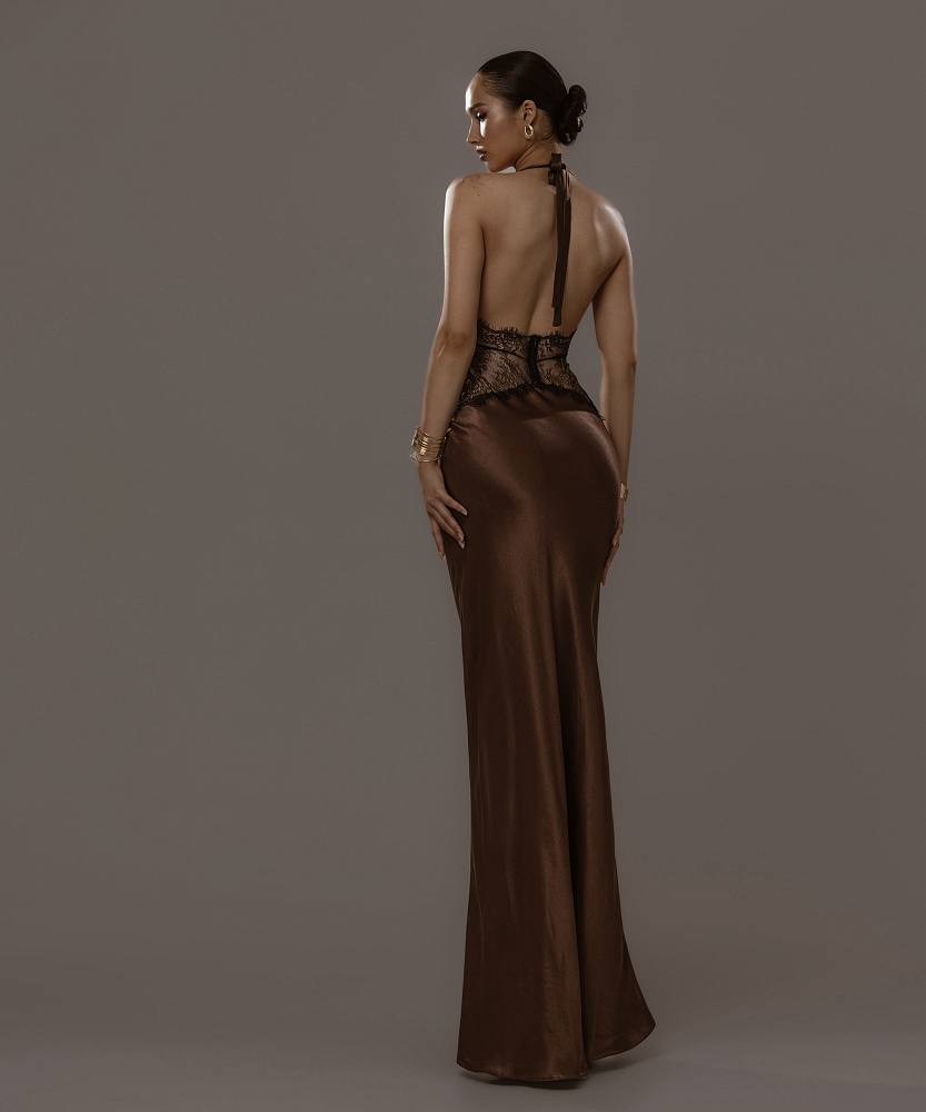Sienna Lace-Inlay Satin Halter Gown