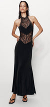 Veronica black lace trim halter maxi dress with sleeveless design and fitted lace bodice