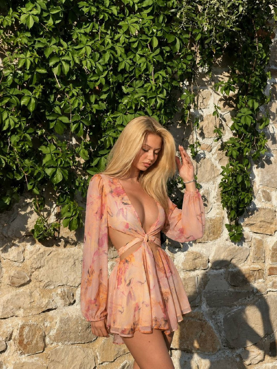 Sunkissed Floral Print Long-Sleeve Cut-Out Mini Dress