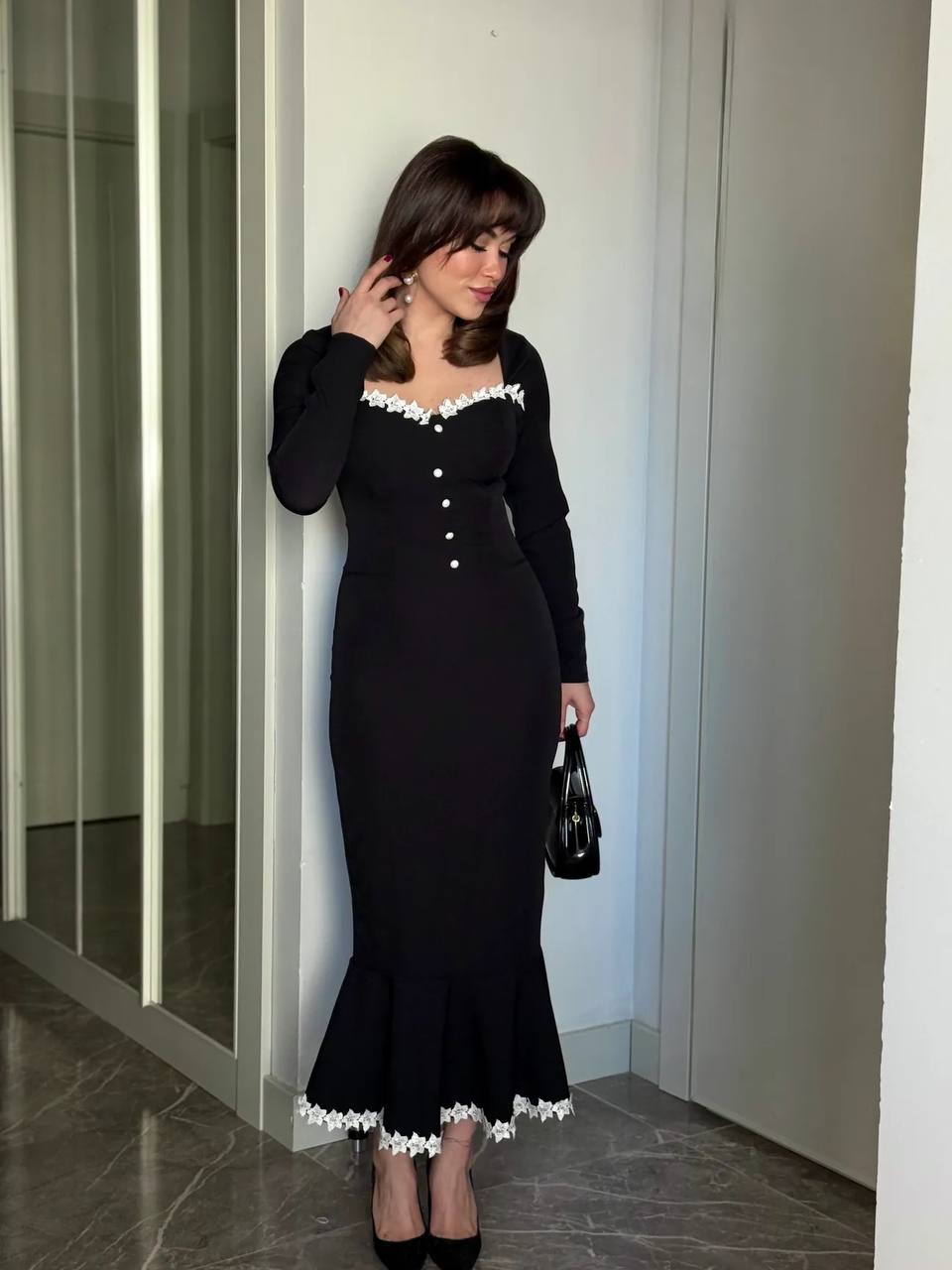 Lace-Trim Button Front Midi Dress