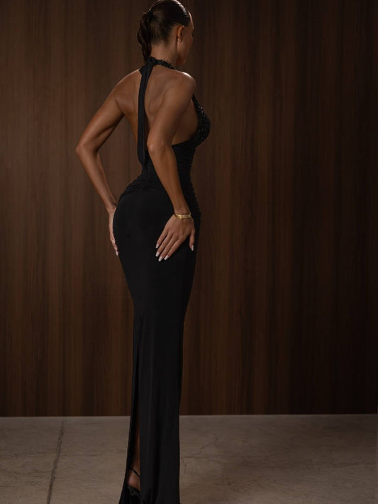 Seraphina Sequin-Bodice Halter Gown