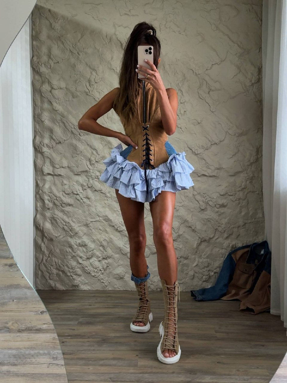 Suede Halter Neckline Corset Top with Lace-Up Detail