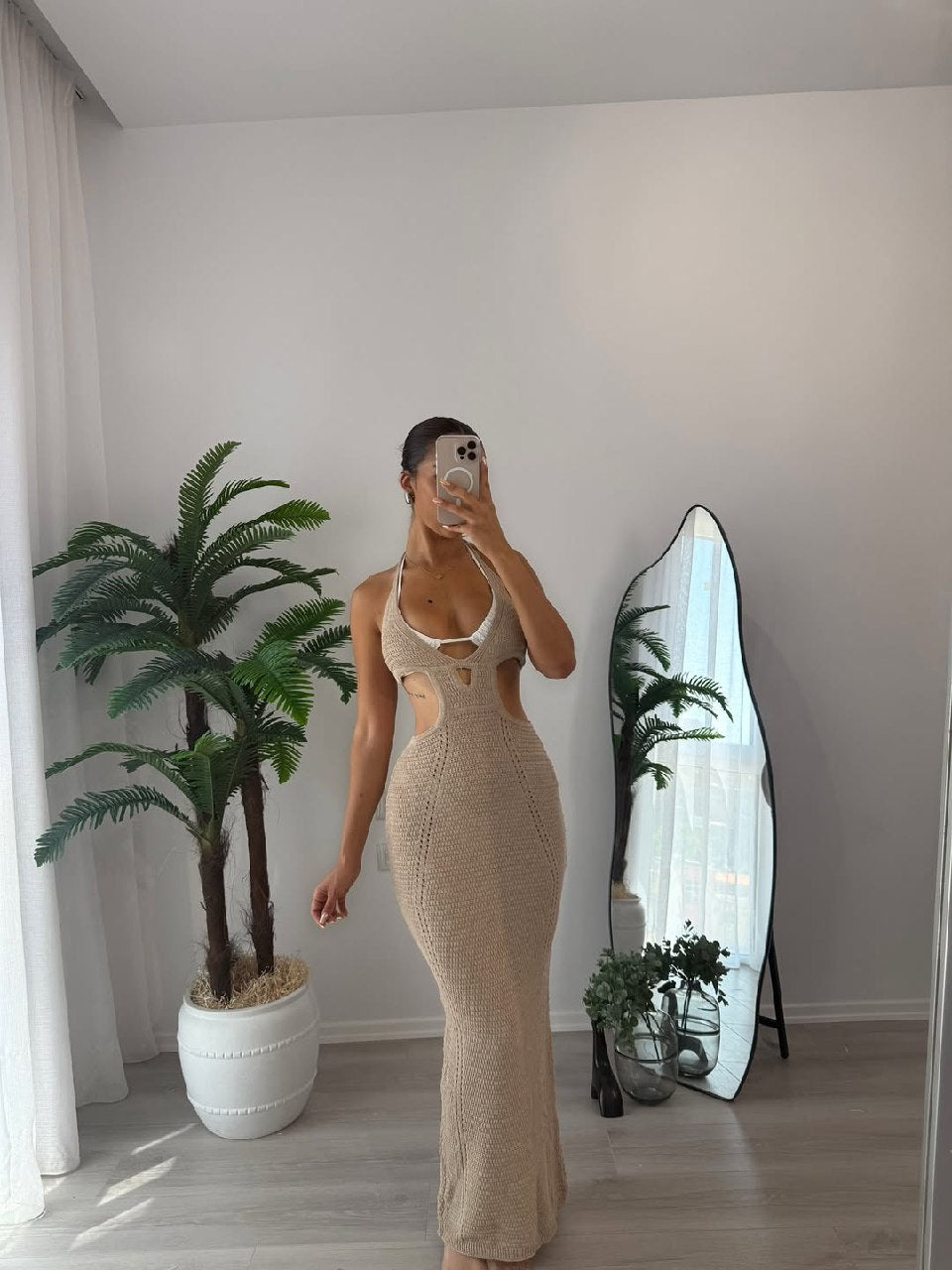 Solara Beige Knitted Cut-Out Maxi Summer Dress