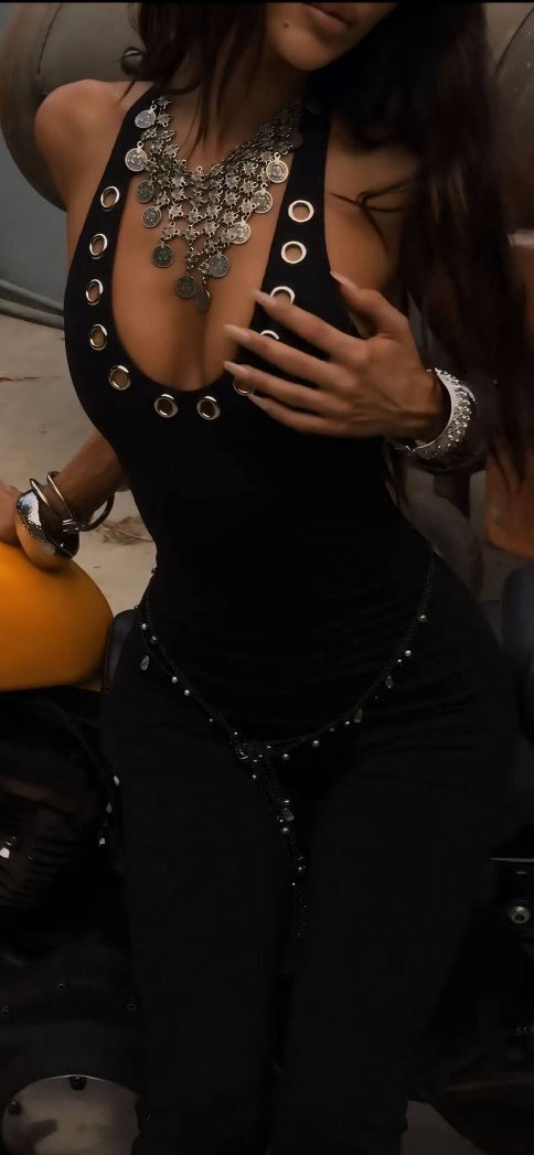 Black Grommet Halter Jumpsuit