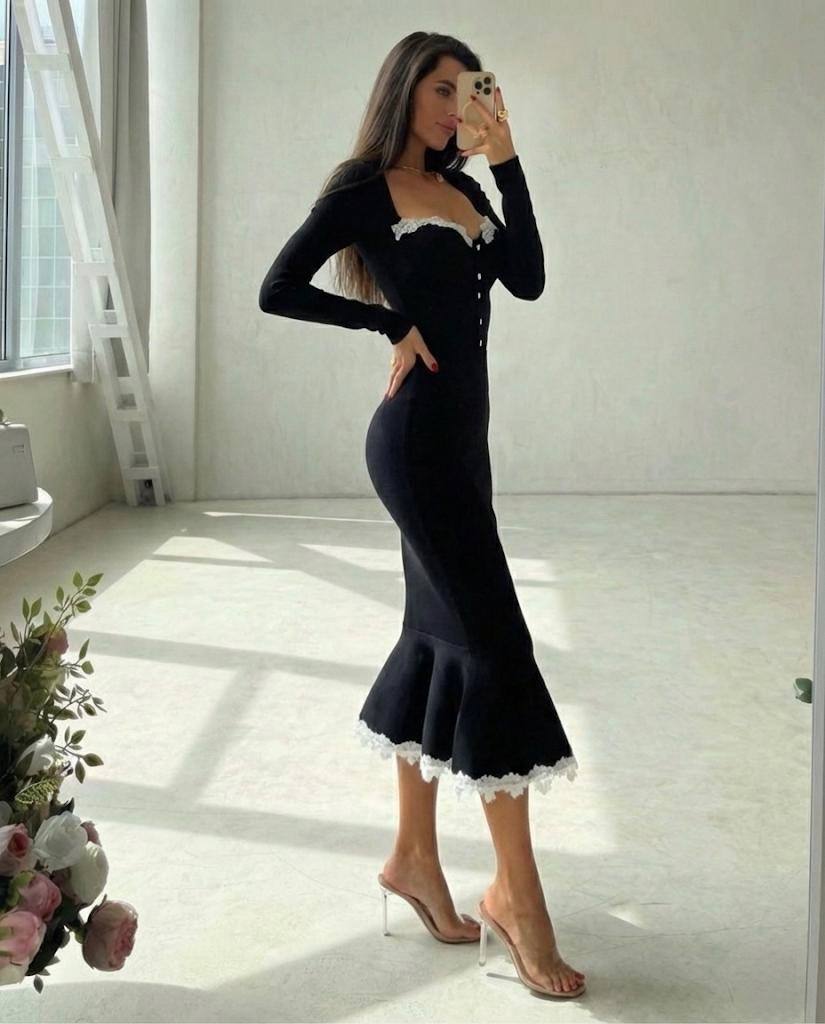 Lace-Trim Button Front Midi Dress