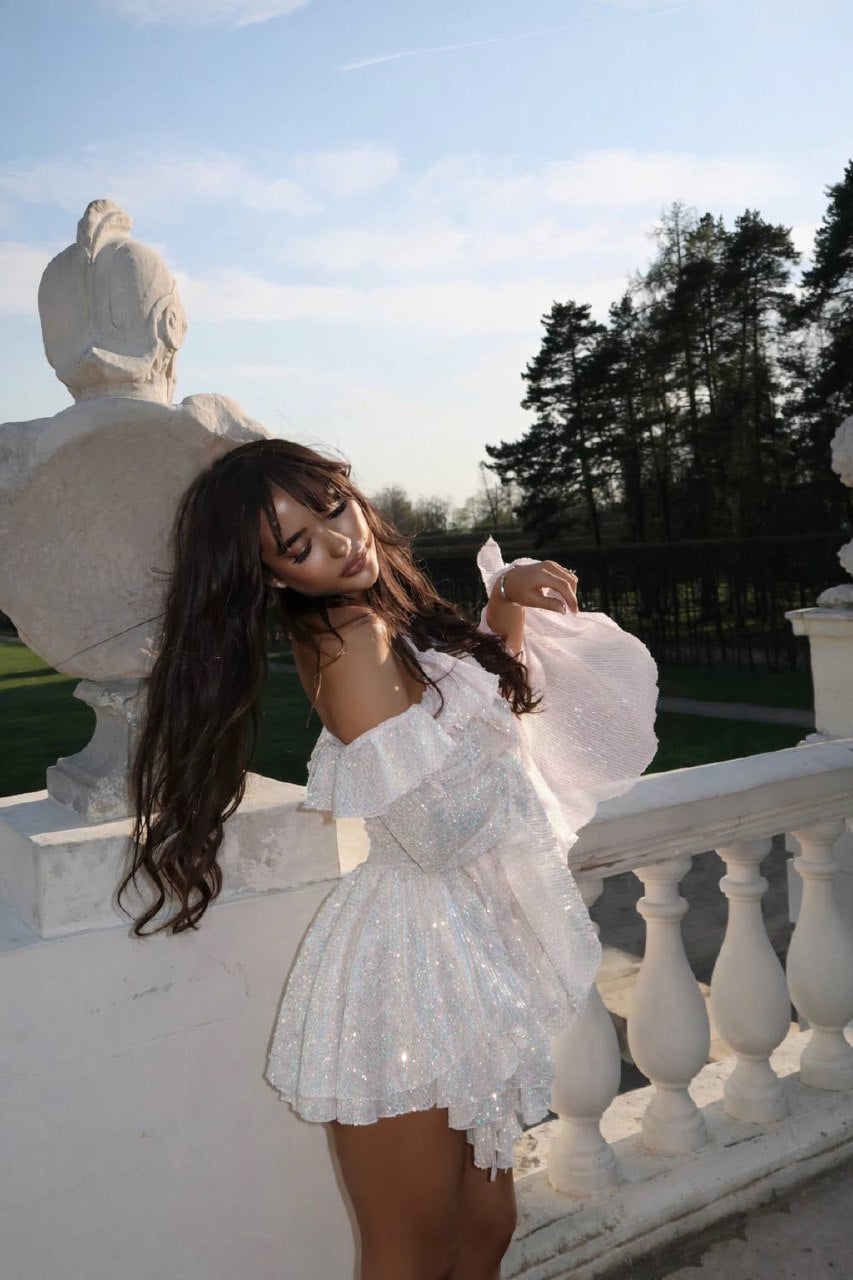 Iridescent Off-Shoulder Sparkle Mini Dress