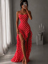 Cherries Red Polka Dot Ruffled Slit Maxi Dress