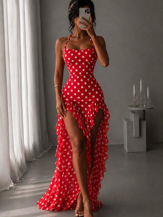 Cherries Red Polka Dot Ruffled Slit Maxi Dress